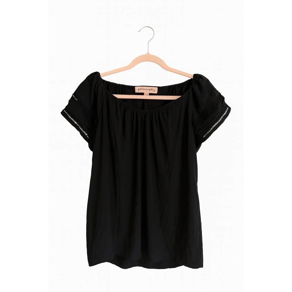 NWT Philosophy Black Ruffle Lace Boho Blouse Large Off Shoulder MSRP $68